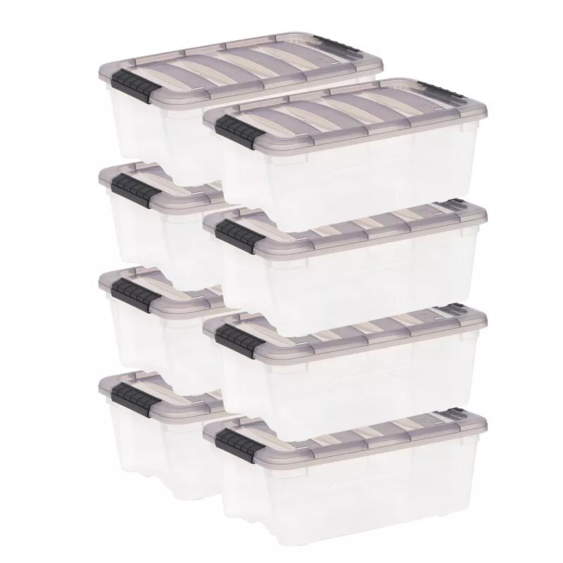7pk Stack and Pull Plastic Storage Bin: Multicolor, Transparent, Stackable, Lidded, Built-In Handles