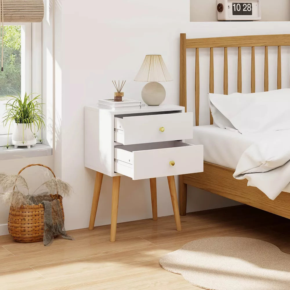 1-Piece Mid Century Modern 2 Drawers Nightstand Sofa Side End Table White