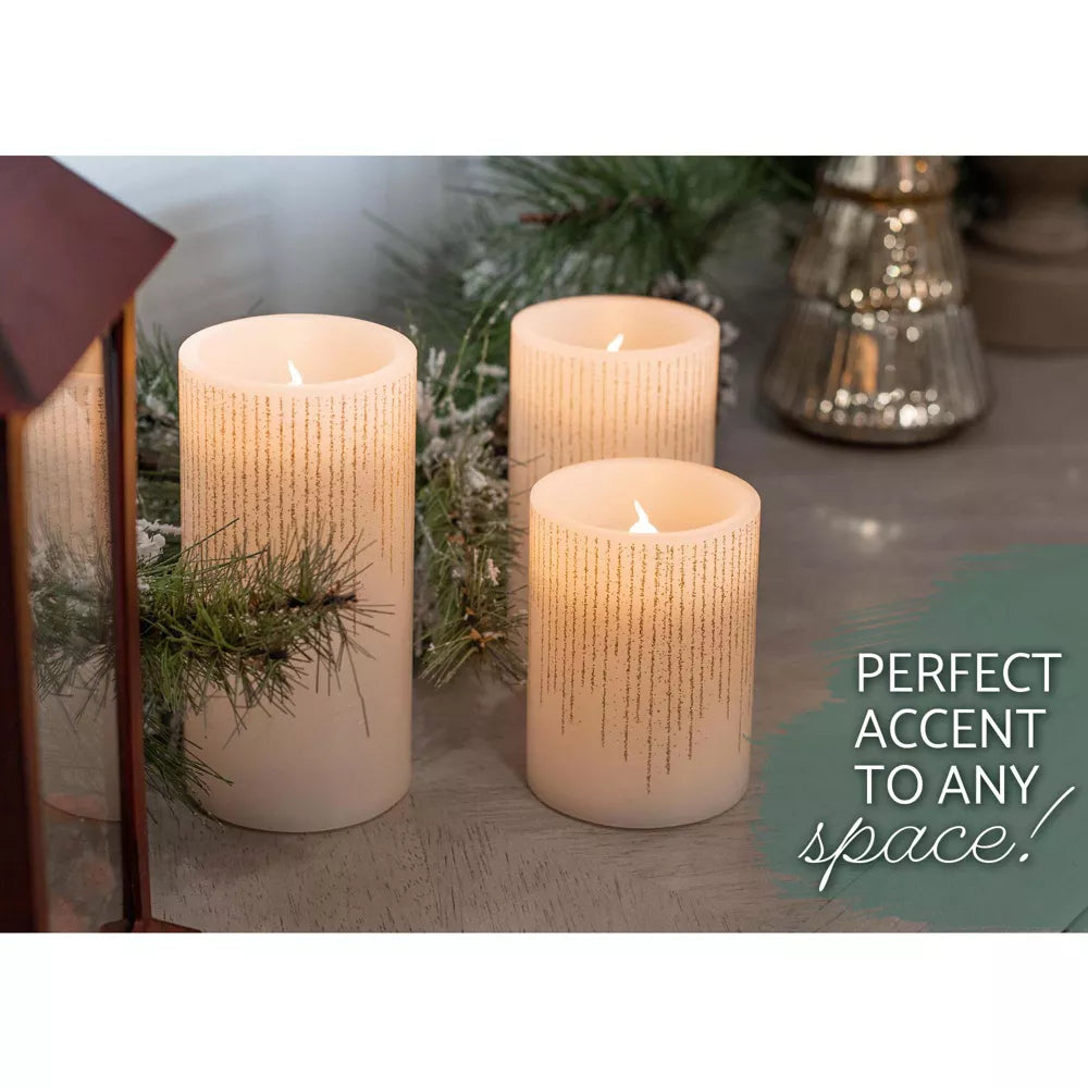Raindrop Gold Tone Glitter Wax LED Flameless Pillar Candles Set of 3, final cut