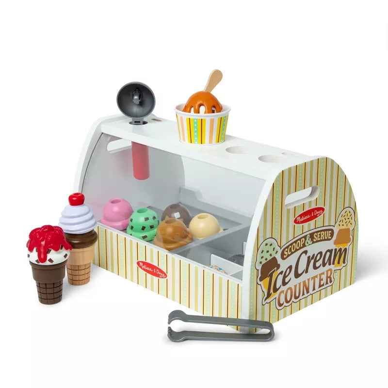 Wooden Scoop and Serve Ice Cream Counter With Play Food and Accessories - 28pc