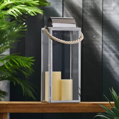 Stainless Steel Larry Lantern Candle Holder Silver: Modern Outdoor Decor, Tempered Glass Panels