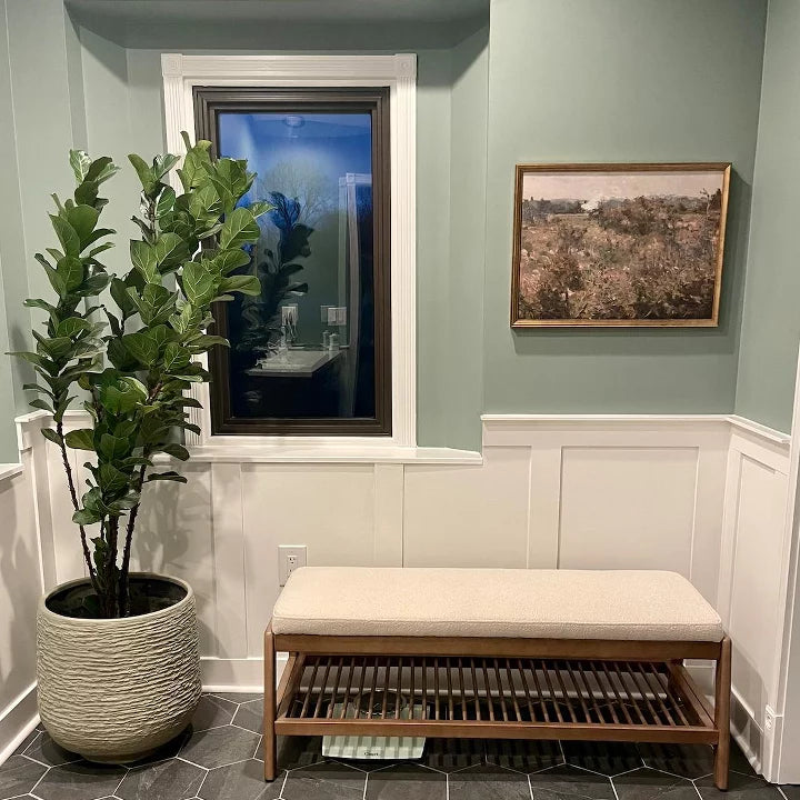 Upholstered Entry Bench with slatted Shelf Cream Boucle