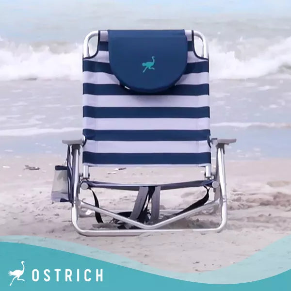 On-Your-Back Sand Chair, Beach Reclining Lawn Chair w/Backpack Straps, Outdoor Furniture for Pool, Camping, or Backyard, Blue Stripe