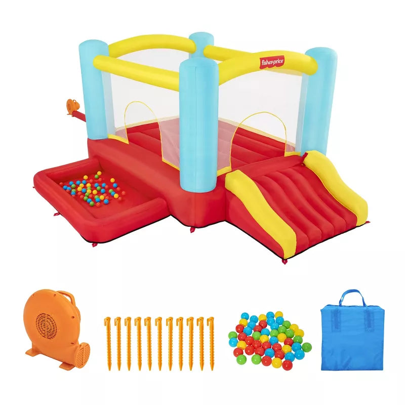 Bouncemania Inflatable Mega Bouncer with 50 Piece Play Balls, 11 Bounce Stakes, Storage Bag, Blower, and Repair Kit, Multicolor