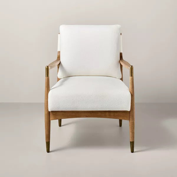 Boucle Upholstered Accent Arm Chair with Striped Back Pillow SHOWROOM ONLY ITEM