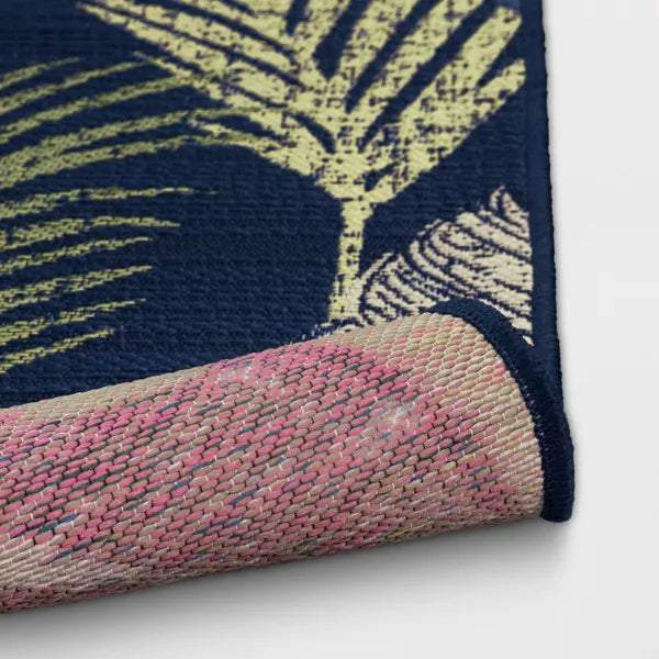 Palm and Banana Tropical Outdoor Area Rug Navy Blue 7'x10'