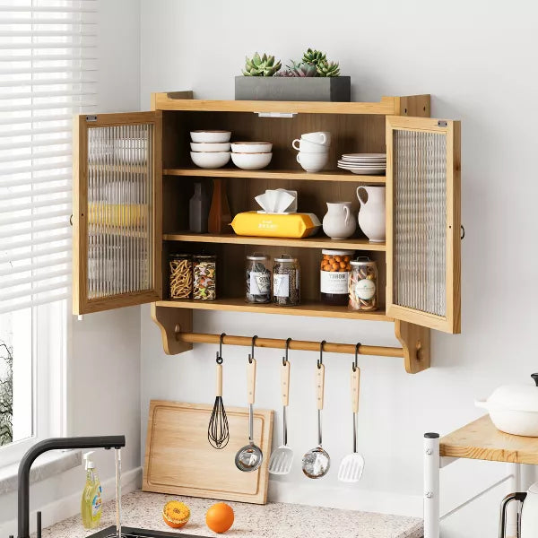 Bathroom Storage Wall Cabinet Double Glass Door 3 Shelf and Towel Rack in Natural
