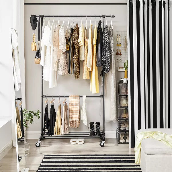 Heavy-Duty Clothes Rack, Double-Rod Clothing Rack for Hanging Clothes, Industrial Garment Rack on Wheels, Commercial Display, Black