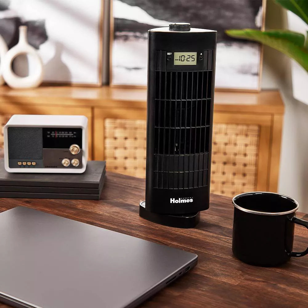 Oscillating 3 Speed Mini Tower Fan with Digital Clock Black – Salvage ...