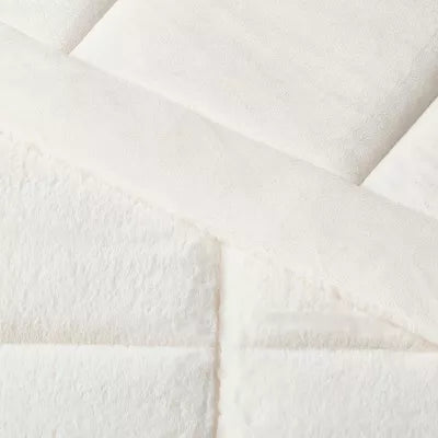 Luxe Box Stitch Faux Rabbit Fur Comforter and Sham Set Ivory - Full/Queen