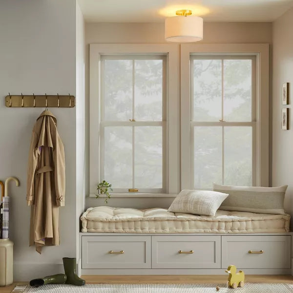 Fabric Shade Semi-Flush Mount Ceiling Light Brass/Oatmeal: Modern Iron Body, ETL Listed