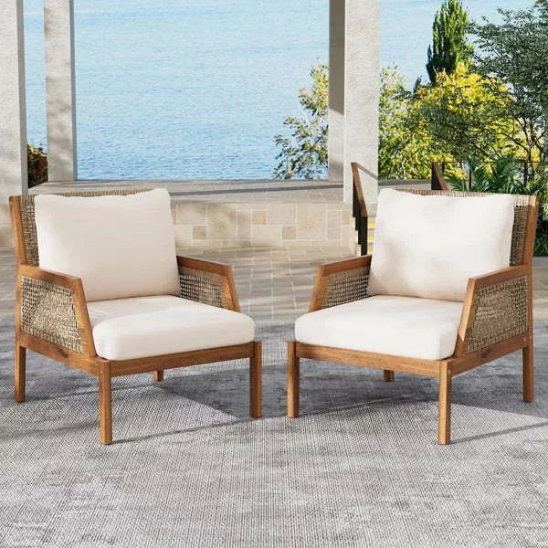 (Set of 2) Patio Rattan and Acacia Wood Club Chair with Cushion - Brown/Cream SHOWROOM ITEM