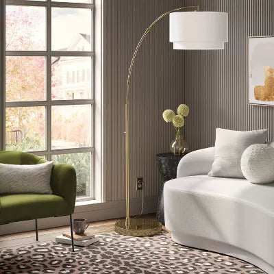 Knurled Metal Arc Floor Lamp with Tiered Shade Brass