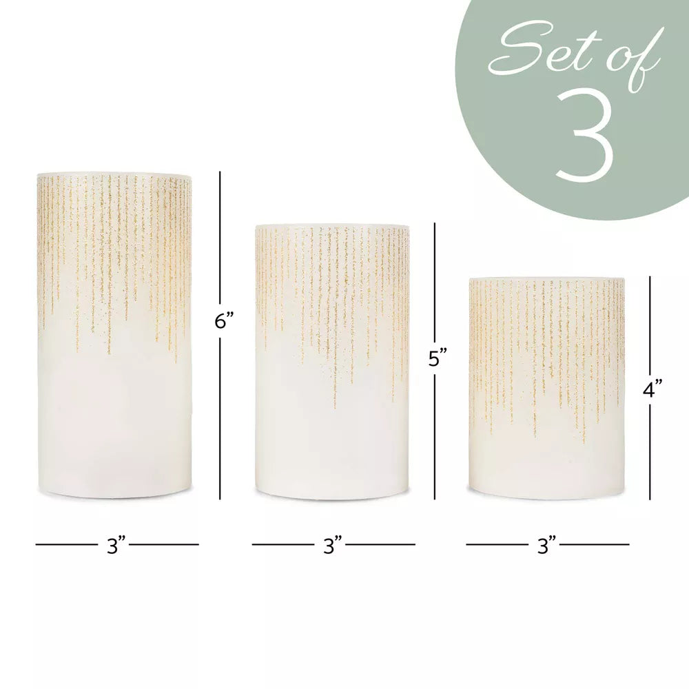 Raindrop Gold Tone Glitter Wax LED Flameless Pillar Candles Set of 3, final cut