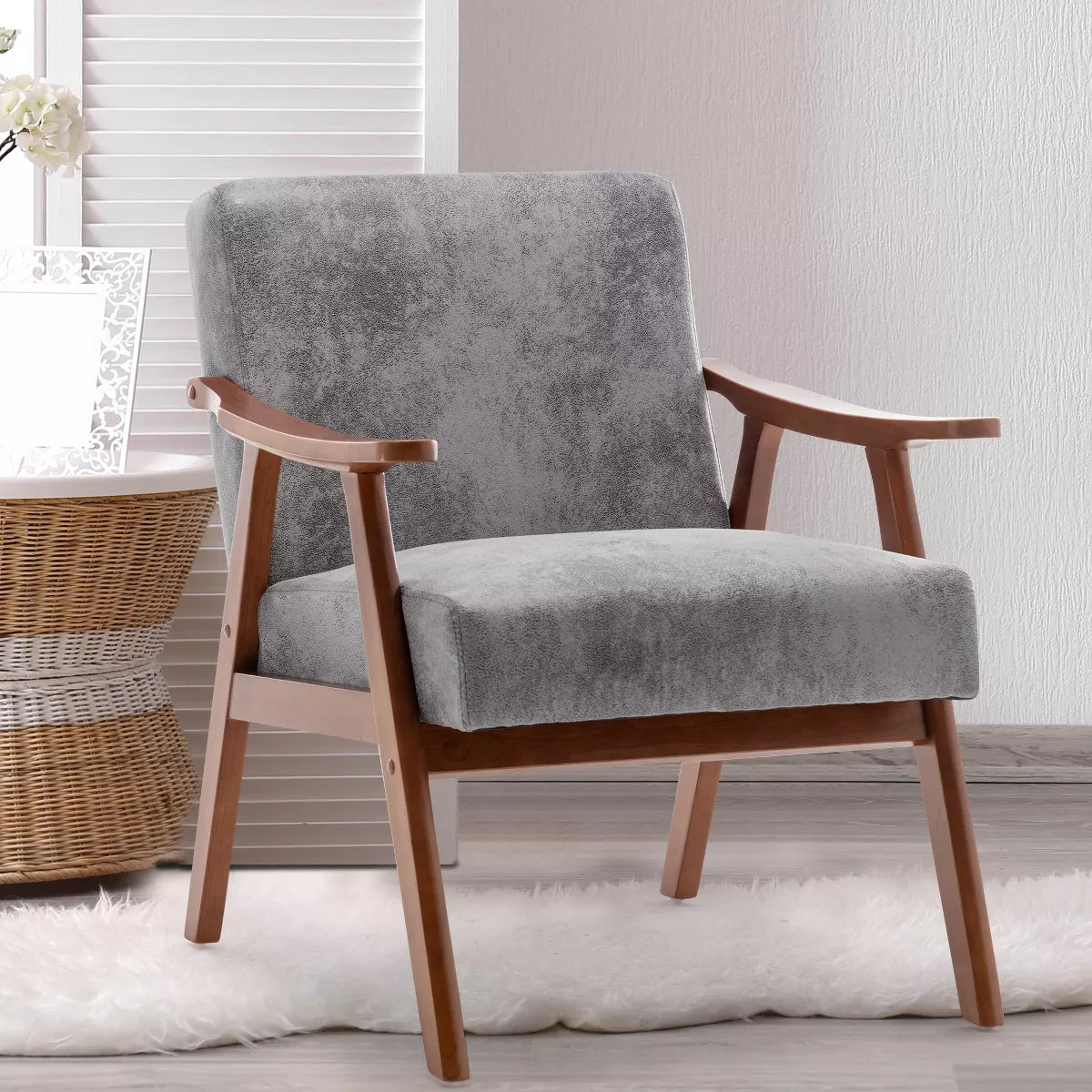 Mid-Century Accent Chair with Solid Wood Frame and Extra-Thick Backrest