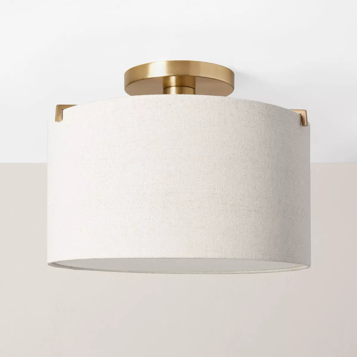 Fabric Shade Semi-Flush Mount Ceiling Light Brass/Oatmeal: Modern Iron Body, ETL Listed