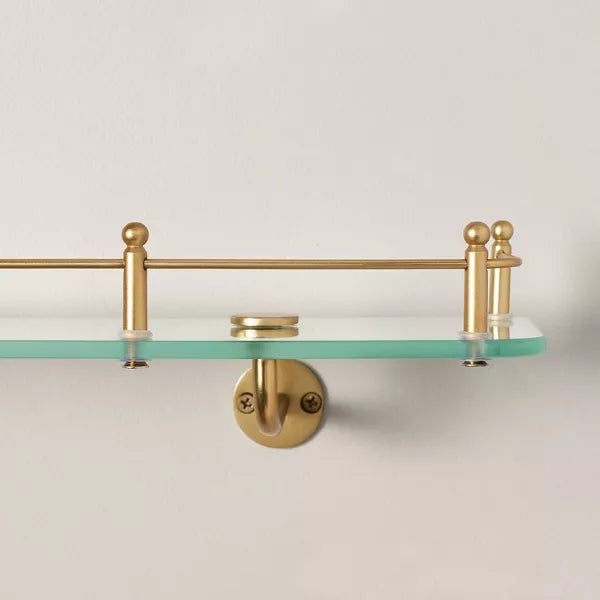 Decorative Glass Wall Shelf with Brass Rail - No Assembly, Wall-Mounted