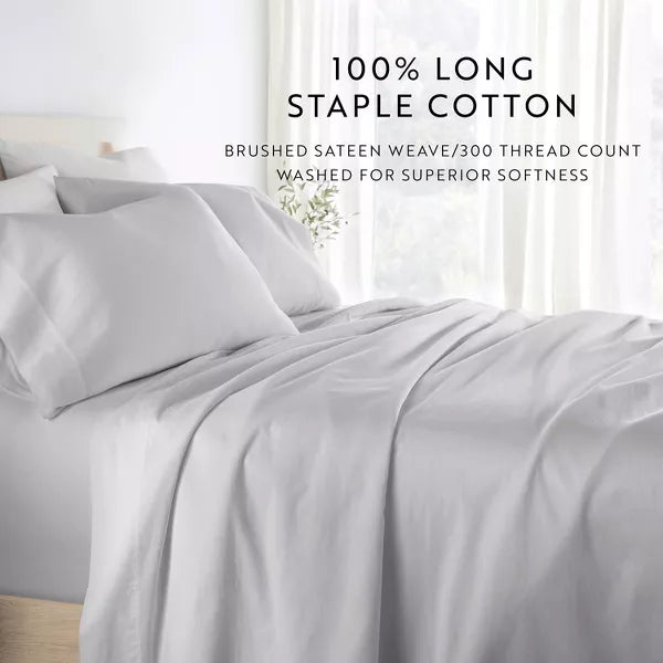 300 Thread Count 100% Cotton 4 Piece Solid Sheet Set Sateen Weave - King