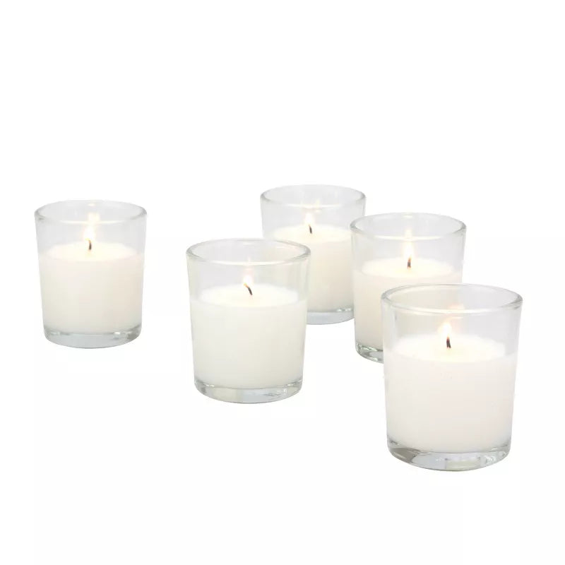 48ct Unscented Clear Glass Wax Filled Votive Candles White - Traditional Style, Machine-Poured,  Burn Time