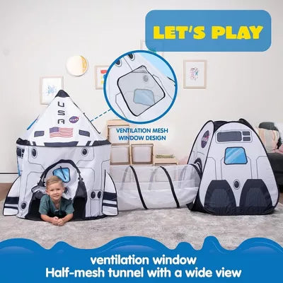 Rocket Ship Pop up Play Tent with Tunnel and Playhouse Kids Indoor Outdoor Spaceship Tent Set