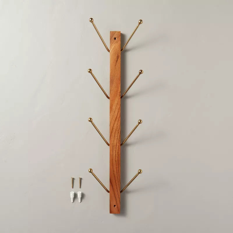 24" Wood & Metal Vertical Wall Rack Brown/Brass - Hearth & Hand