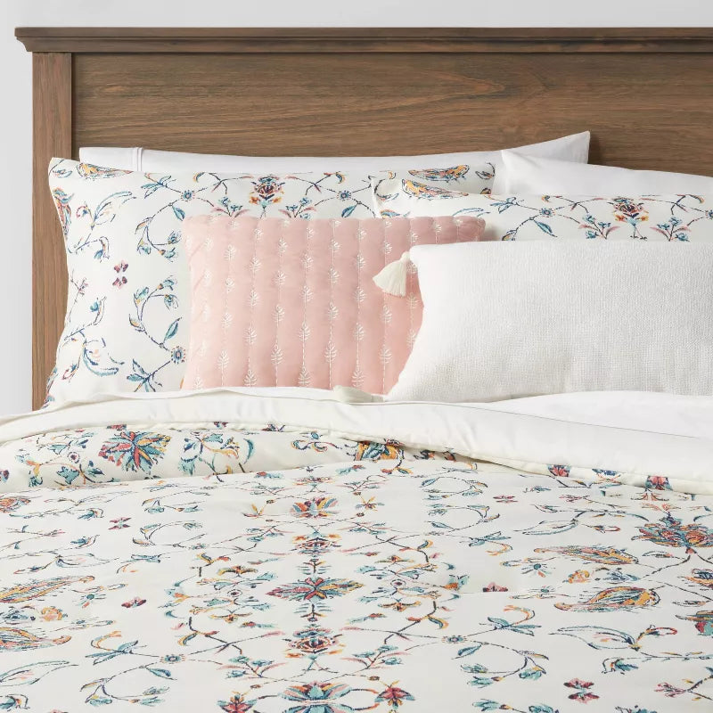 4pc Floral Border Print Comforter Bedding Set Blue/Pink/Yellow