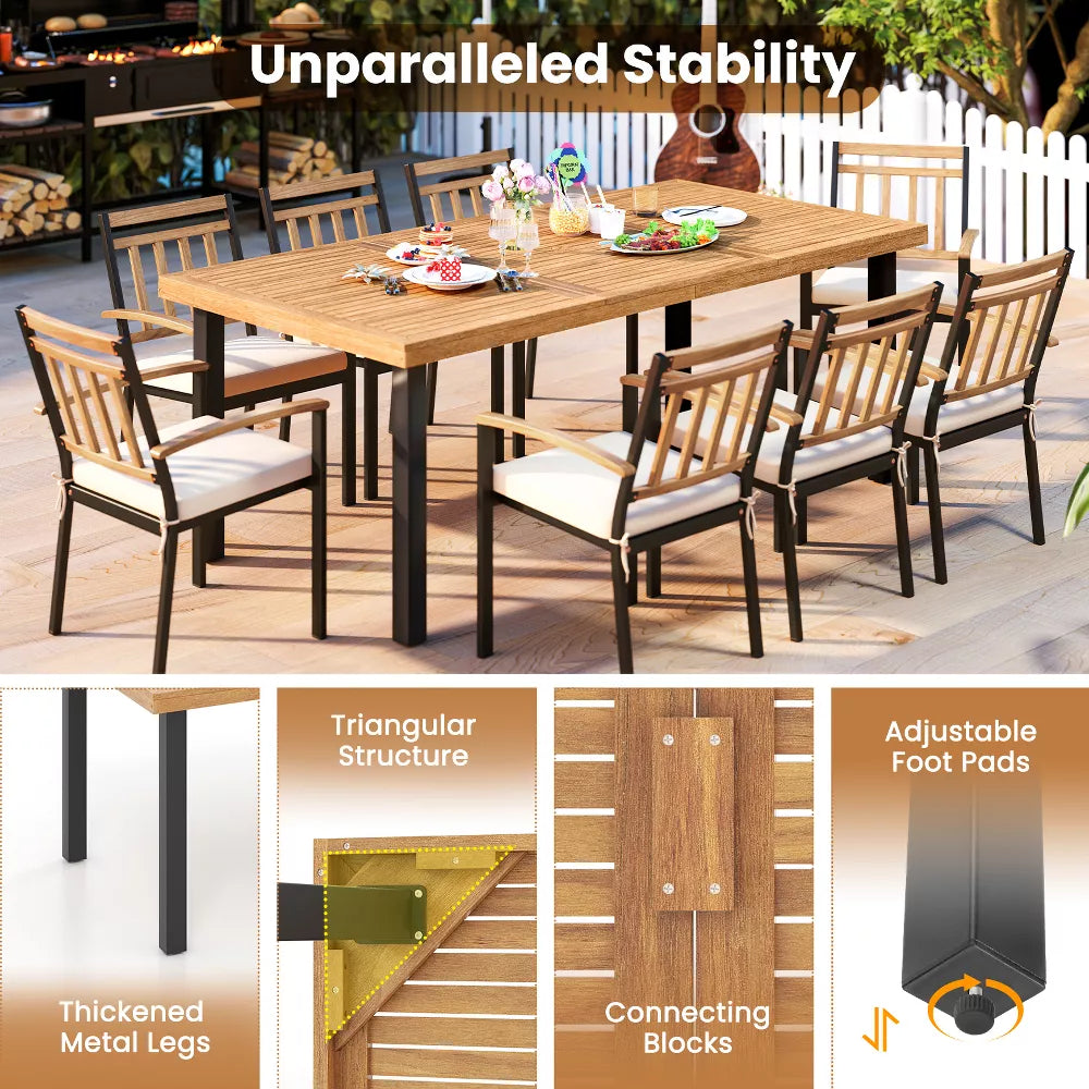Acacia Wood Dining Table for 8 People, Large Rectangular Patio Table with Built-in Umbrella Hole