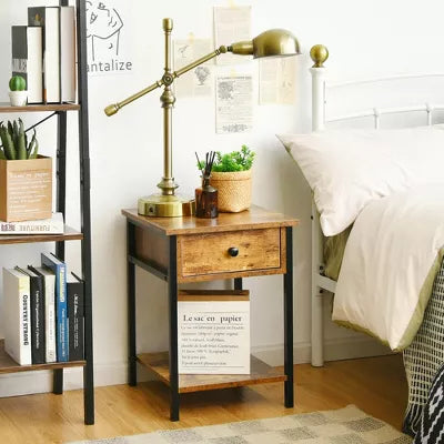 1-Piece Industrial End Side Table Nightstand with Drawer Shelf Rustic Brown
