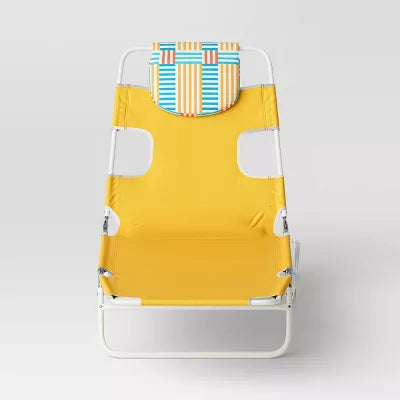 Recycled Fabric Outdoor Portable Beach Lounger with Headrest Yellow - Weather-Resistant, Steel Frame