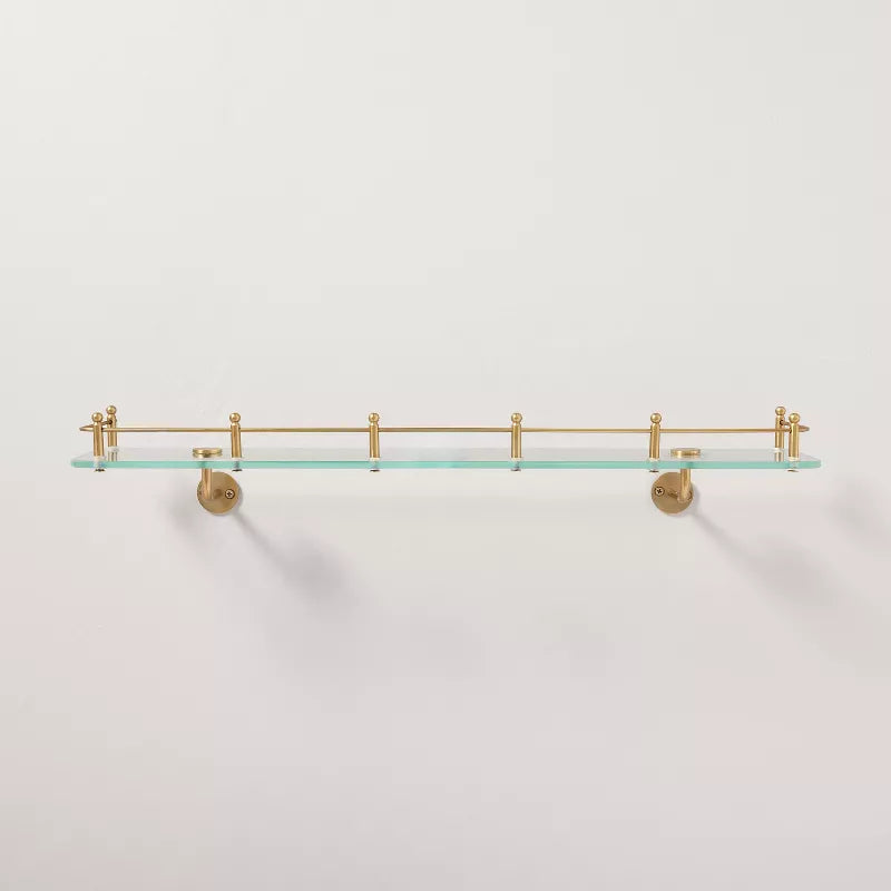 Decorative Glass Wall Shelf with Brass Rail -No Assembly, Wall-Mounted