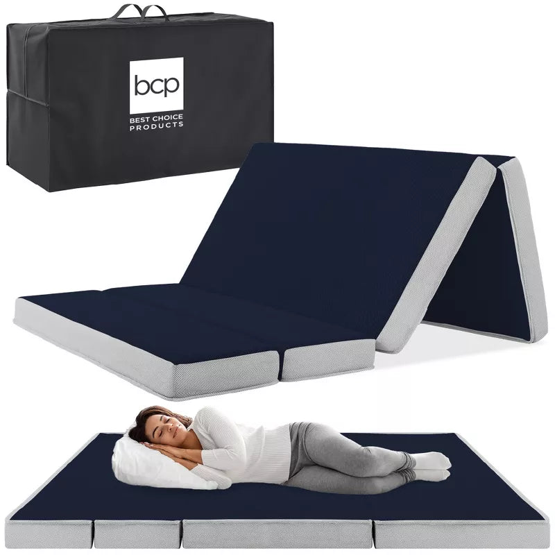 Folding Portable Midnight Blue Mattress Topper w/ Carry Case, Twin XL