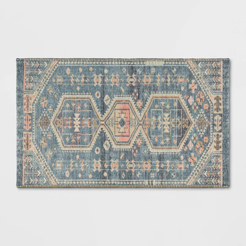 Washable Persian Style Medallion Accent Rug Blue Traditional Flat Pile - 2'3"x3'9"