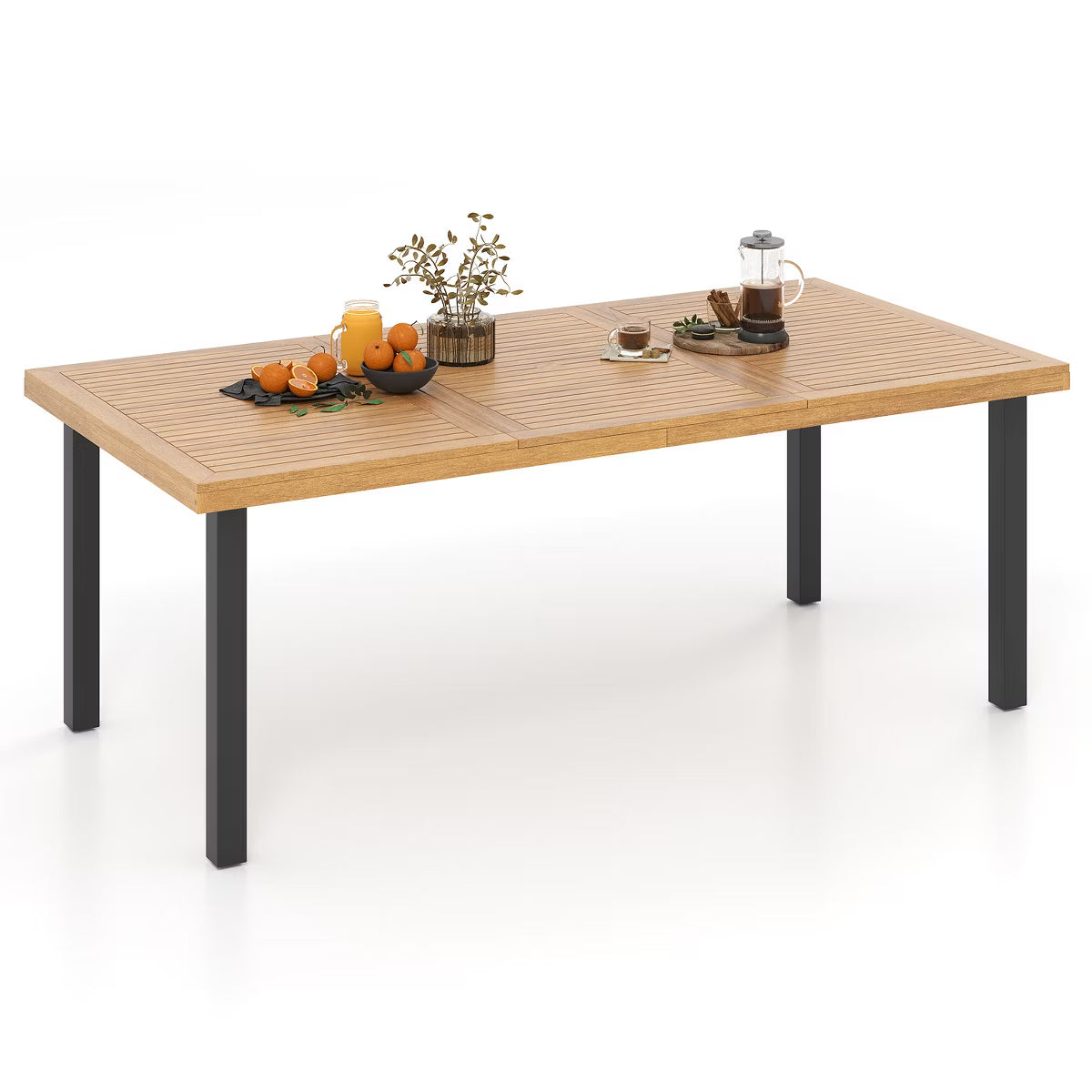 Acacia Wood Dining Table for 8 People, Large Rectangular Patio Table with Built-in Umbrella Hole