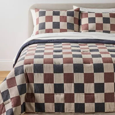 Woven Check Comforter Set Neutral/Navy/Burgundy - Twin/ Twin XL