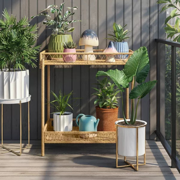 2pc Iron Indoor Outdoor Planter Pot with Stand White/Brass