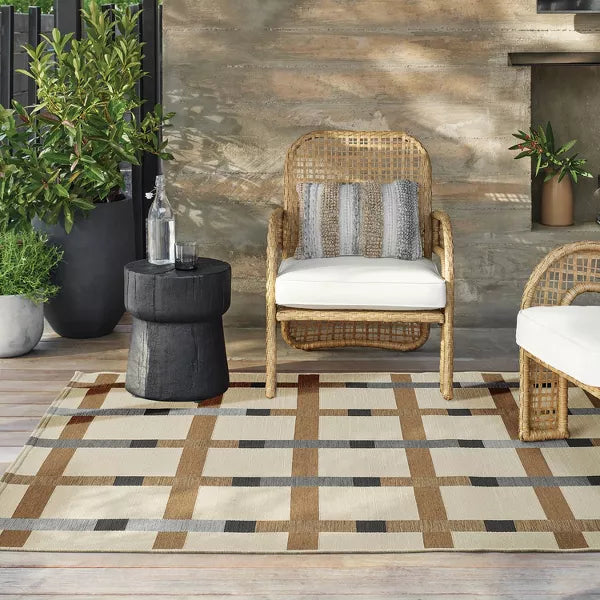 Grid Neutral Color Block Outdoor Area Rug 5'x7'