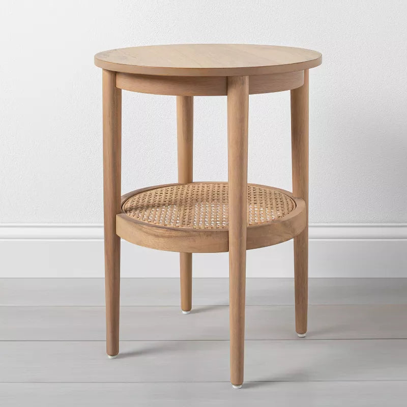 Wood & Cane Round Accent Side Table