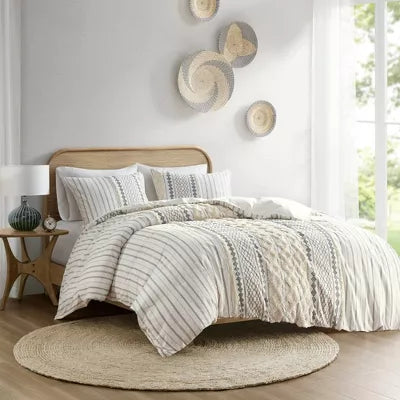 3pc Imani Cotton Printed Duvet Cover Set with Chenille - Full/Queen