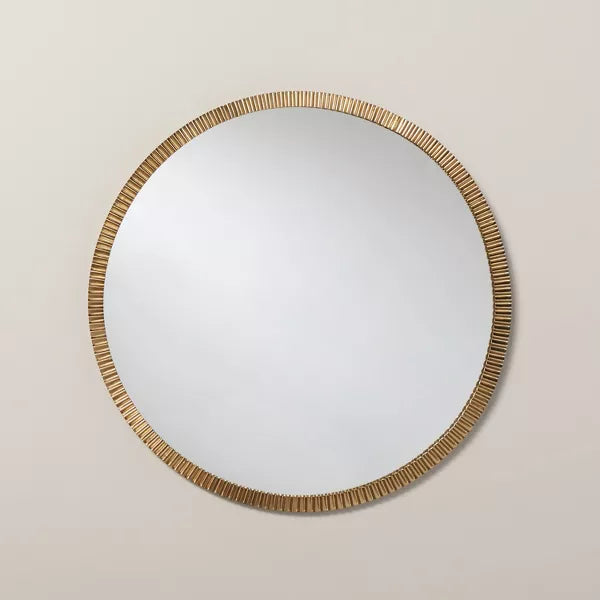 Pleated Brass Round Wall Mirror Antique Finish