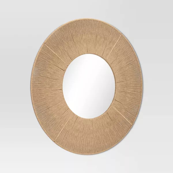30" Round Jute Macrame Woven with 15" Round Mirror Wall Décor Brown
