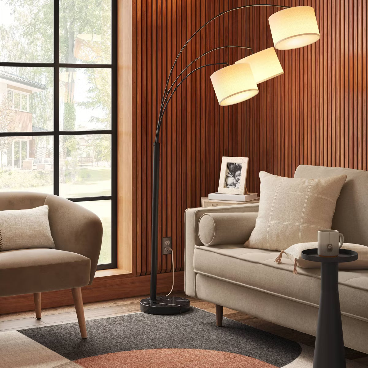 82"x56" Avenal 3-Head Shaded Arc Floor Lamp - Black SHOWROOM ITEM
