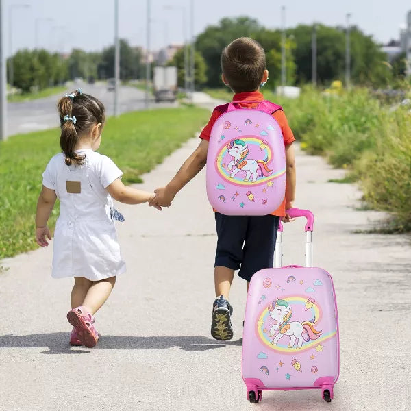 2PC Kids Carry On Luggage Set 12" Backpack and 16" Rolling Suitcase for Travel
