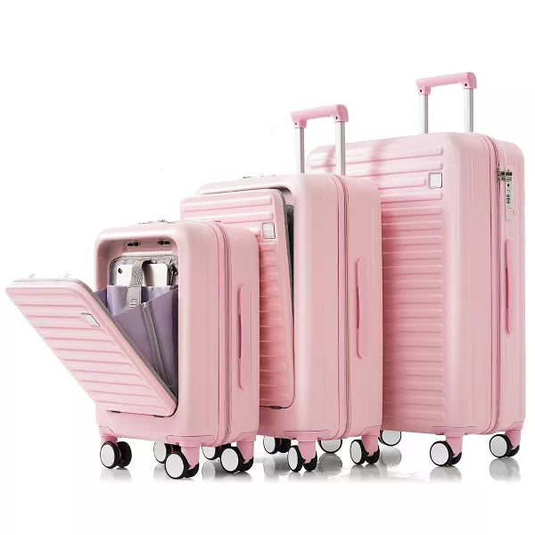 ABS Hard Shell Luggage Sets, Front Opening Suitcase with USB Port, Cup Holder and Spinner Wheels 4W