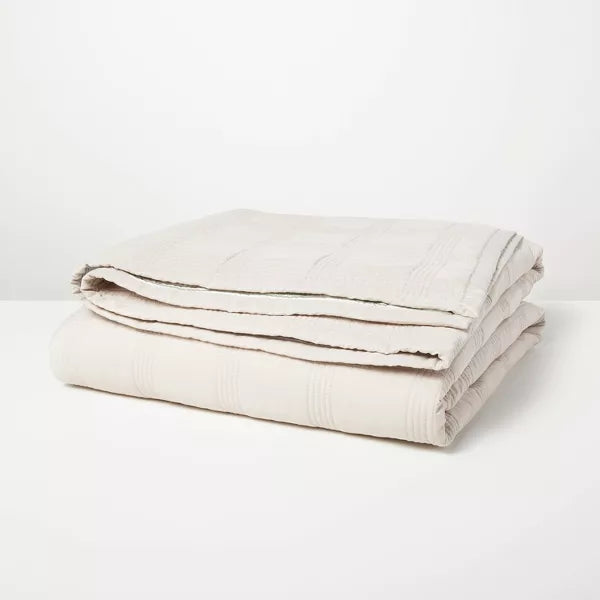 Grid Stitched Quilt Taupe/Green/Cream - Full/Queen