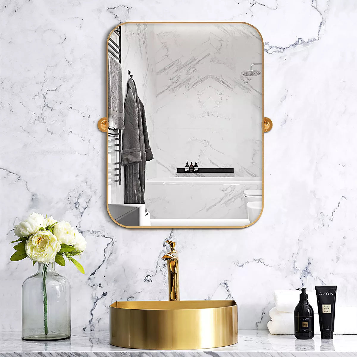 Metal Framed Pivoted Bathroom Wall Vanity Mirror Adjustable Wall-Mounted