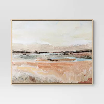 (Set of 2)  Faded Landscape Framed Wall Canvases Natural -  Polystyrene Frame, Blockprint Art
