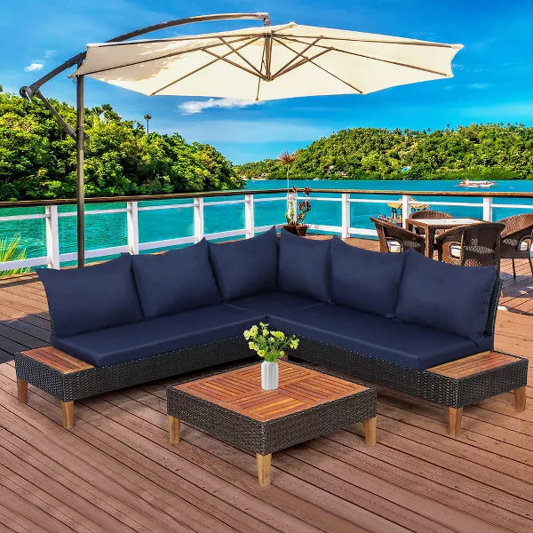 4PCS Patio Rattan Furniture Set Cushioned Loveseat w/Wooden Side Table - 3 BOXES