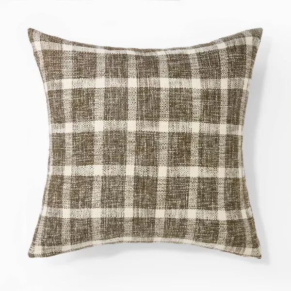 Woven Plaid Square Throw Pillow with Faux Leather Zipper - Indoor Decorative Cushion, Recycled Polyester