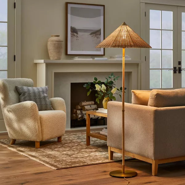 Floor Lamp Gold Iron with Tapered Rattan Shade - ETL Listed, Dimmable