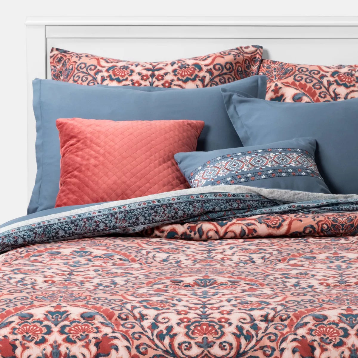 8pc Printed Paisley with Border Comforter Bedding Set Rose/Blue King